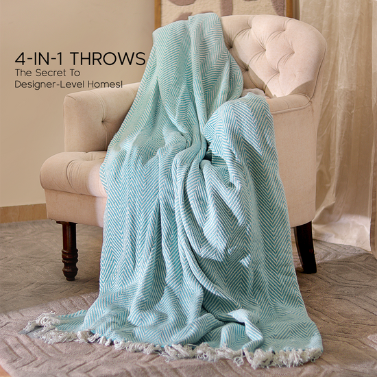 100% Organic Cotton Throw Blankets - Cyan