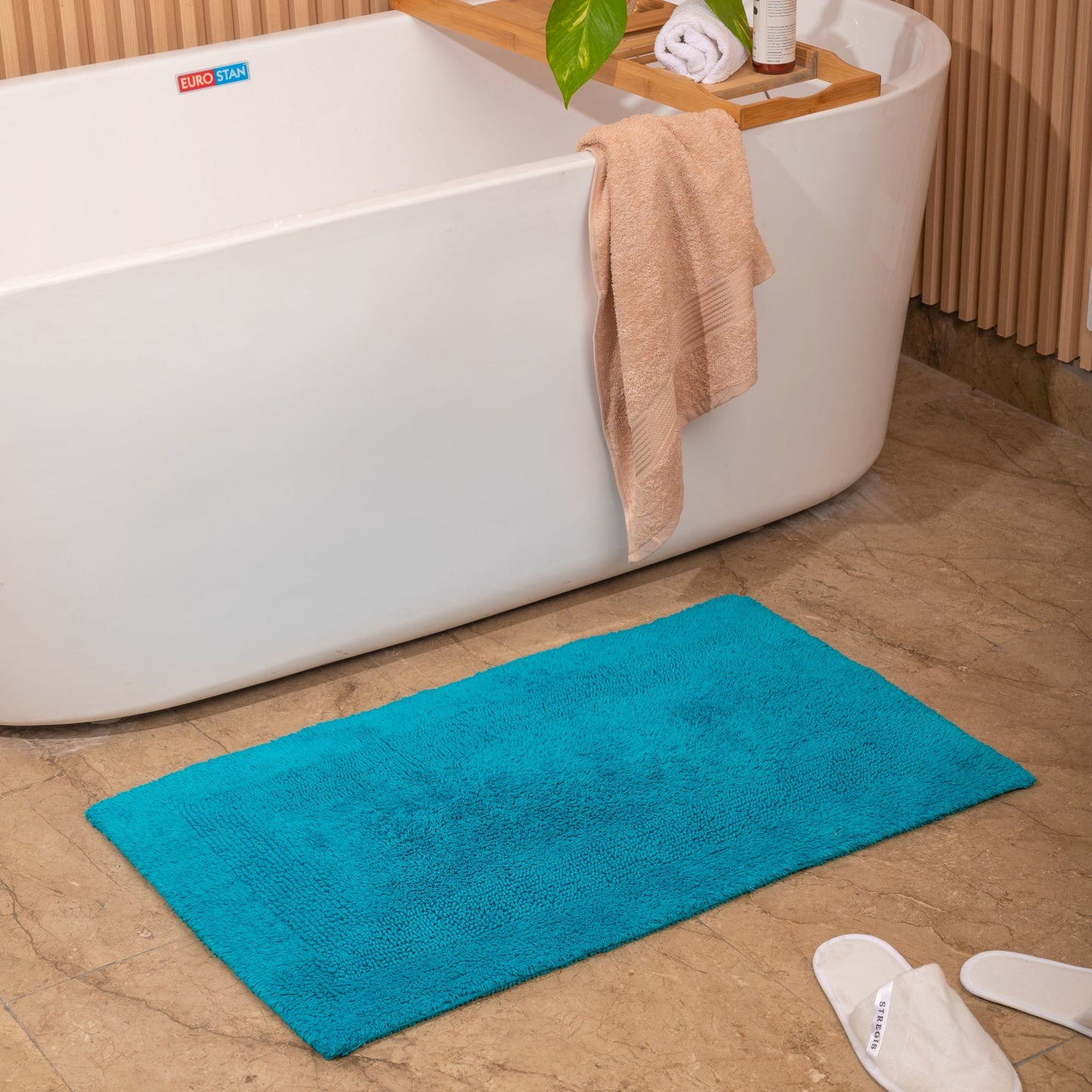 100% Organic Cotton Reversible Bath Rug - Cyan