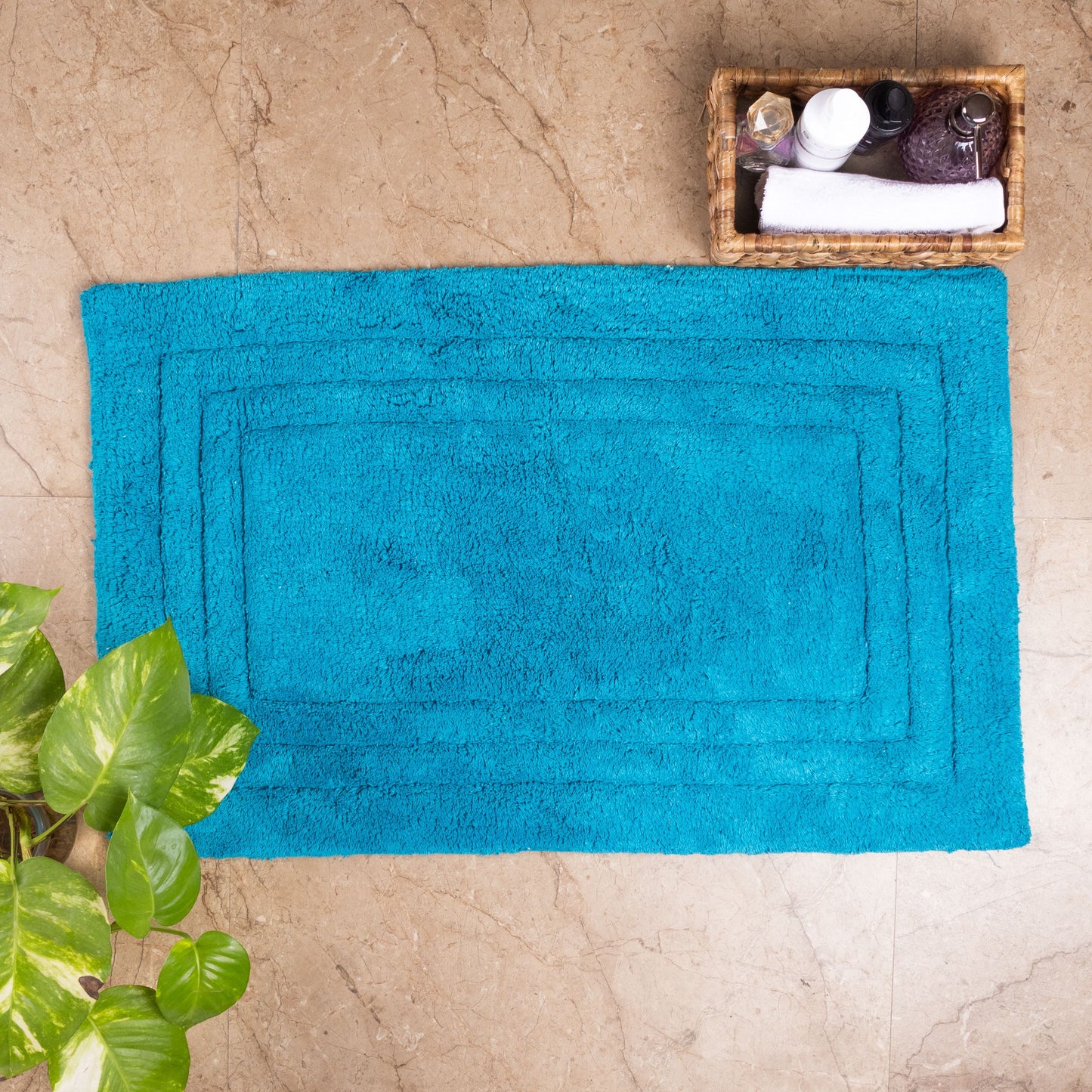 100% Organic Cotton Minimalist Bath Rug - Cyan