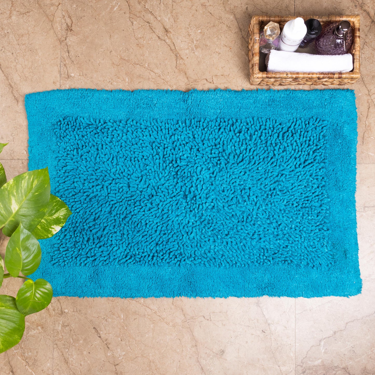 100% Organic Cotton Twisted Bath Rug - Cyan